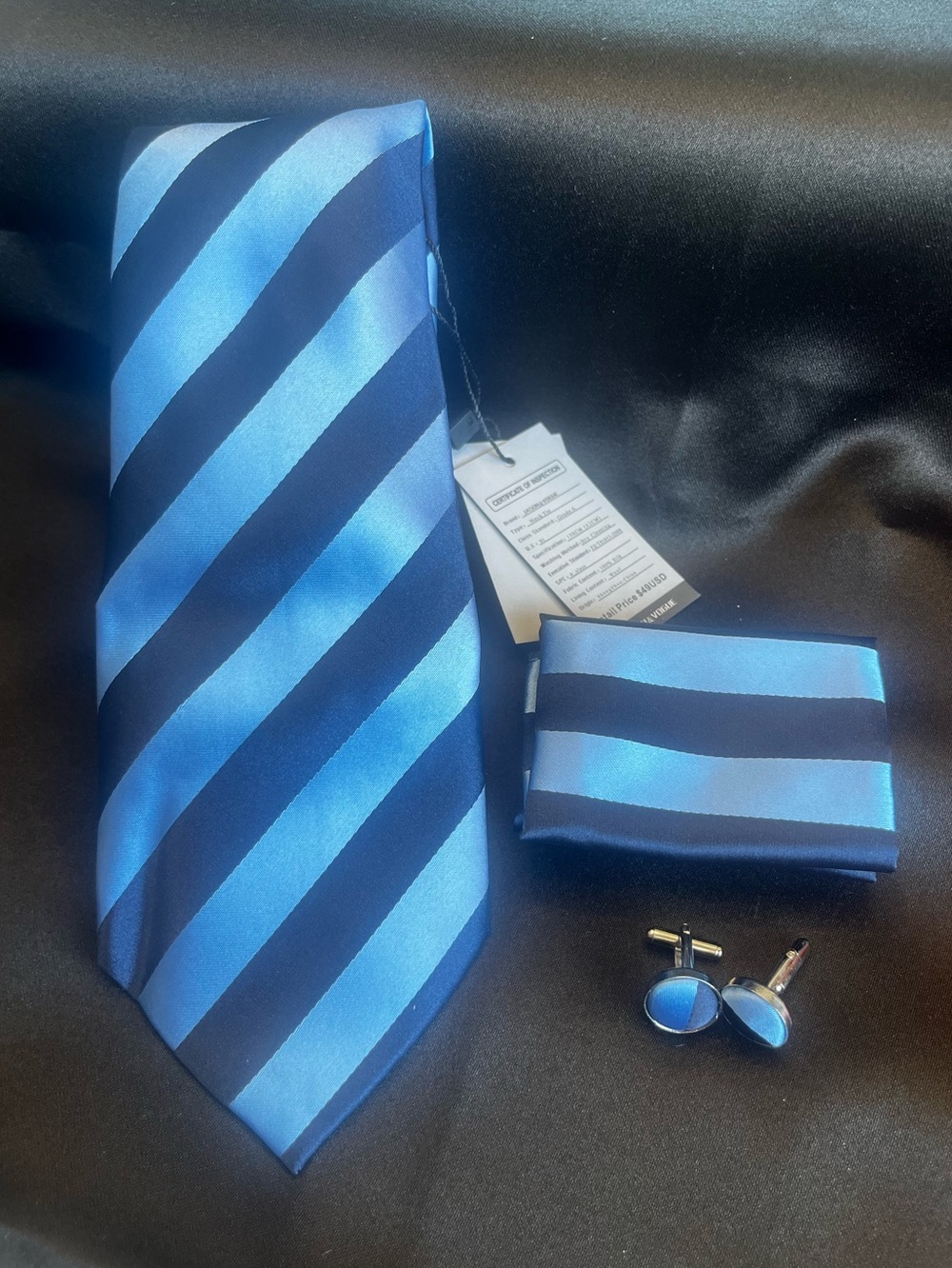 Striped Blue Silk Tie Set with Pocket Square and Cufflinks